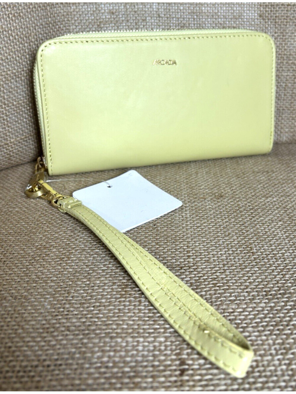Arcadia Italian Yellow Leather Wallet Wristlet gold logo and zipper NWT